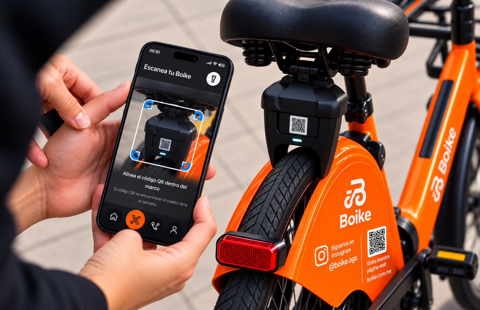 Concepto de una persona escaneando con la aplicación Boike el código del dispositivo inteligente bajo el asiento de una e-bike naranja